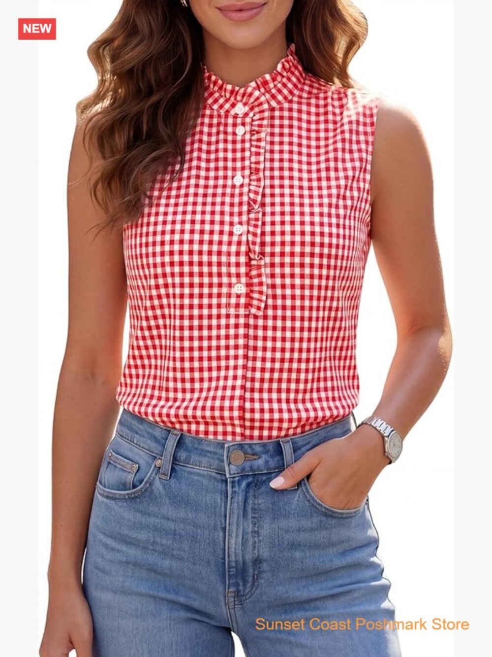 Womens Gingham Tank Top Ruffle Mock Neck Sleeveless Blouse Summer Dressy Casual